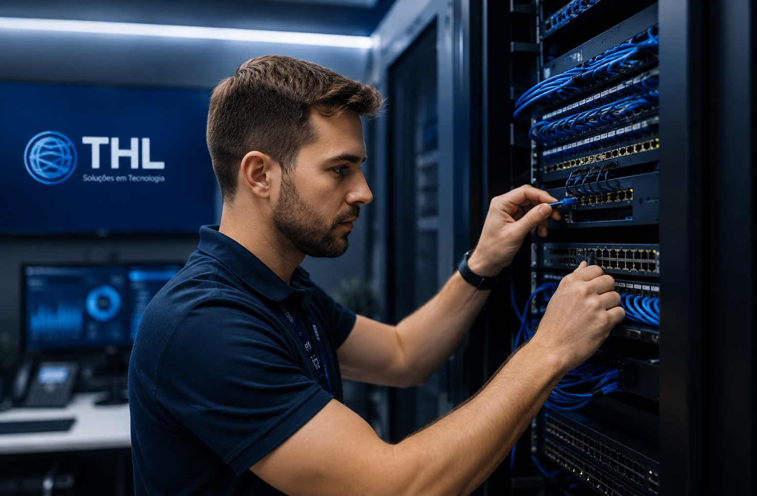 Técnico instalando infraestrutura de rede